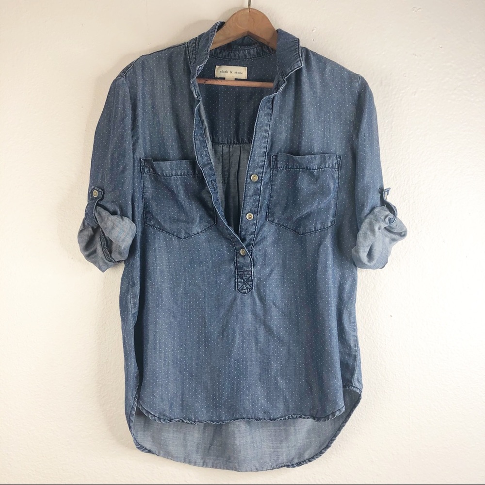 Cloth & Stone Denim Polkadot Button Down casual Size Small Pullover Collar Neck - Picture 2 of 8